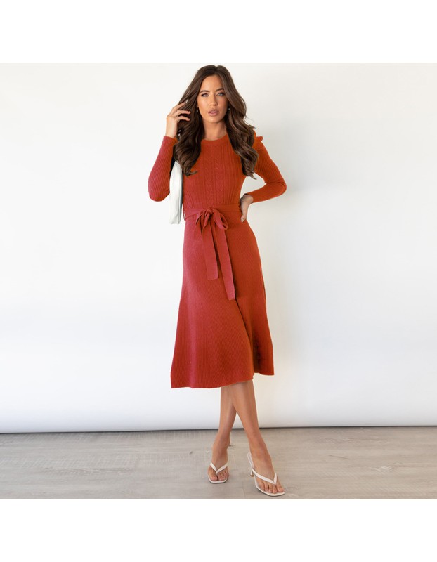 Mid-Length Wool Knit Puff Sleeve Casual High Waisted Loose Fall Dresses LQ163