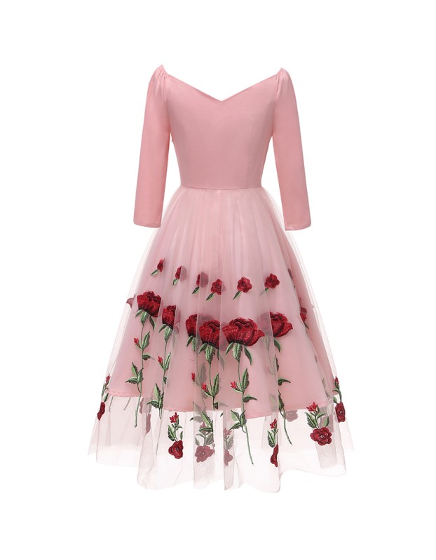 Rose Embroidery Dinner Party Lady Evening Net Yarn Dress Wedding Sexy CD1657