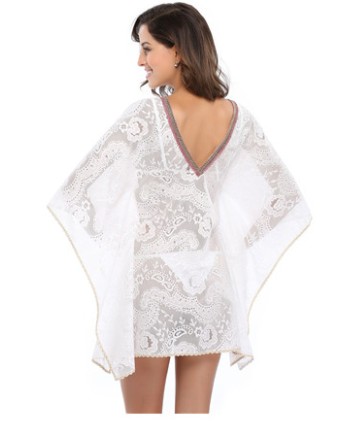 Newest V Neck Sexy Summer Embroidery White Beach Cover Ups Dress