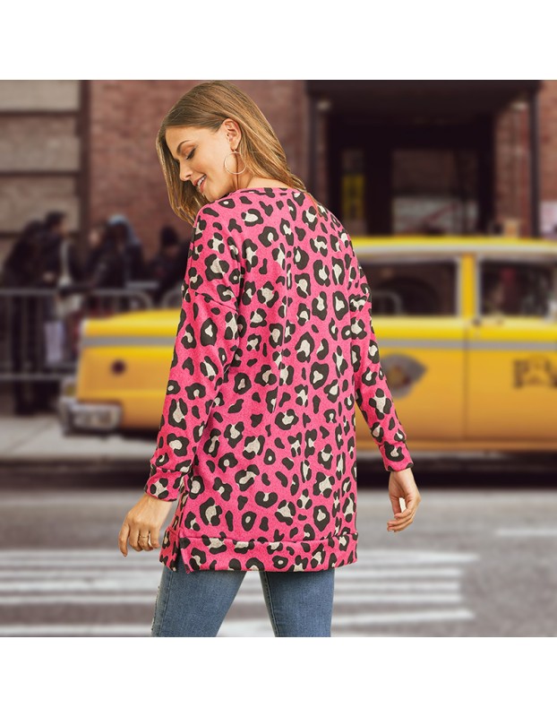 Round Neck T-Shirt Slim Long Casual Leopard Print Bottoming LQ082
