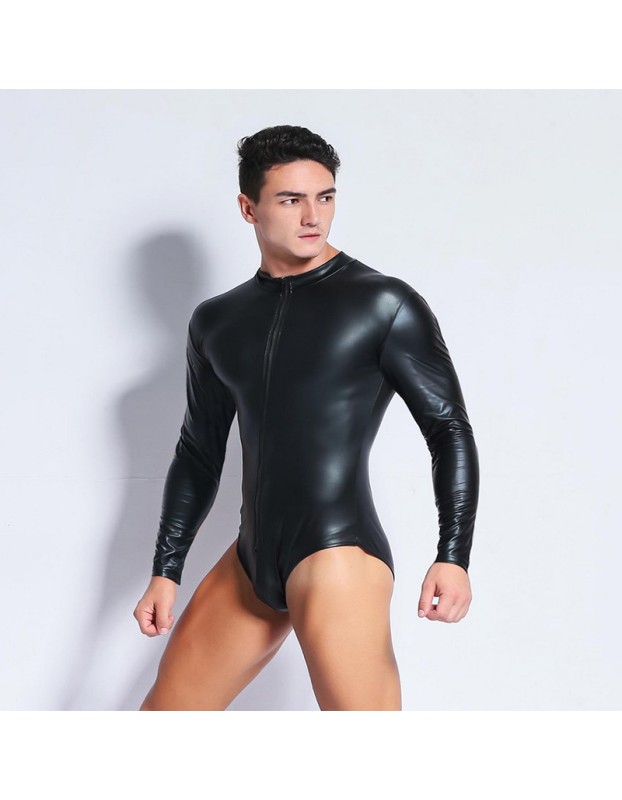 Erotic Underwear Panties Men Sexy Black Patent Leather Zipper Jumpsuit XX6668