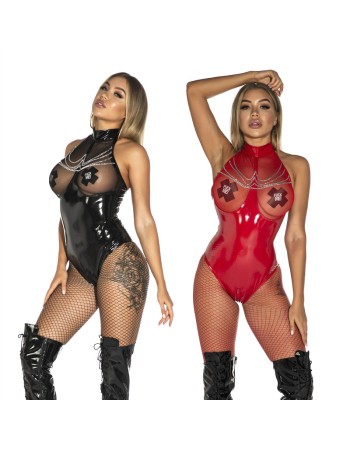 Women Sexy Mesh Chain Open Crotch Leather Erotic Catsuit M6786