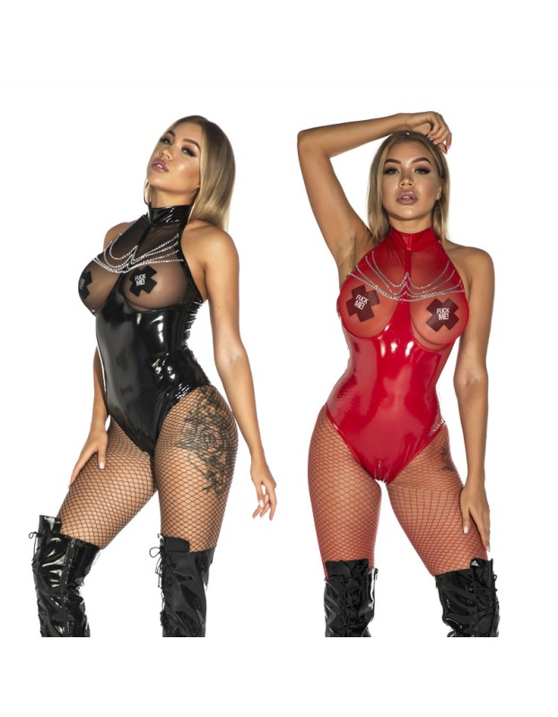 Women Sexy Mesh Chain Open Crotch Leather Erotic Catsuit M6786