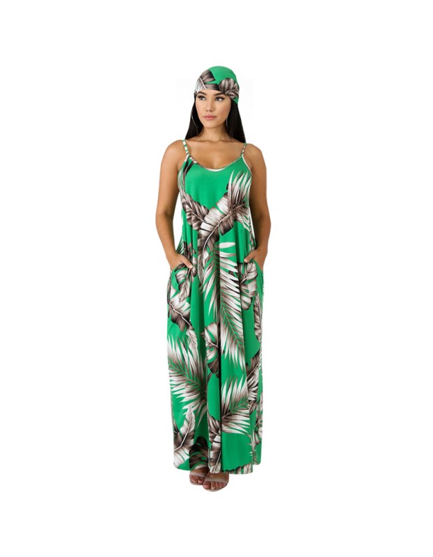 Women v neck spaghetti strap loose beach casual long maxi dress M9034