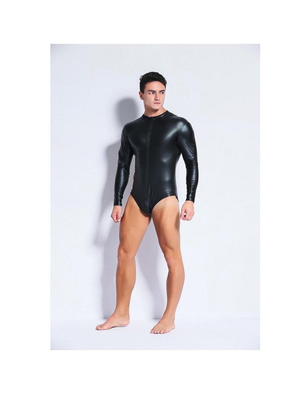Erotic Underwear Panties Men Sexy Black Patent Leather Zipper Jumpsuit XX6668