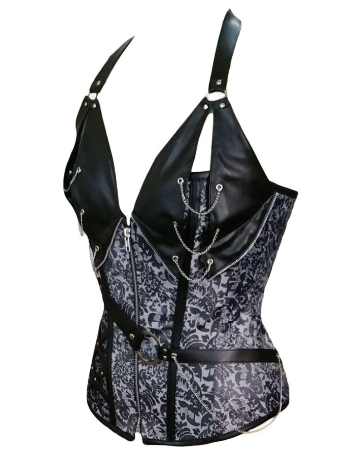 white and black Zipper Front leather cup top corset Halter design chain 14 steel boned corset