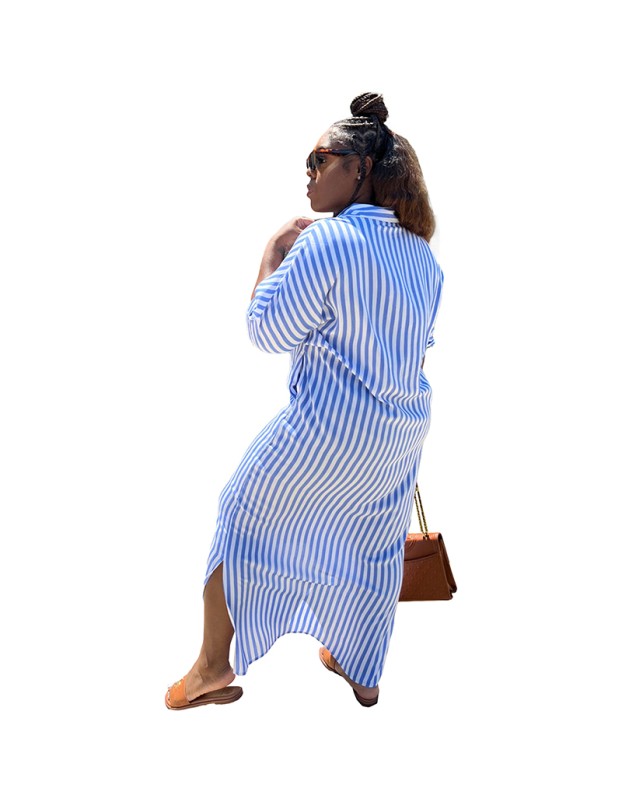 Fashion Striped Women's Shirt Long Casual Dress 9414