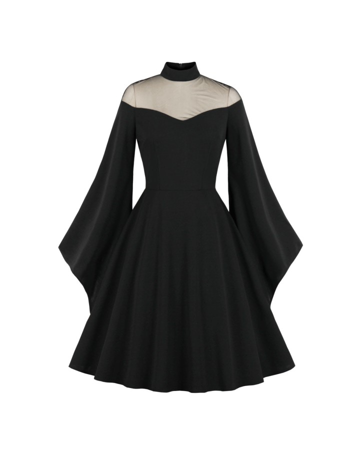 Women Fashion Elegant Mesh Patchwork Flare Sleeve Party Dress M3067