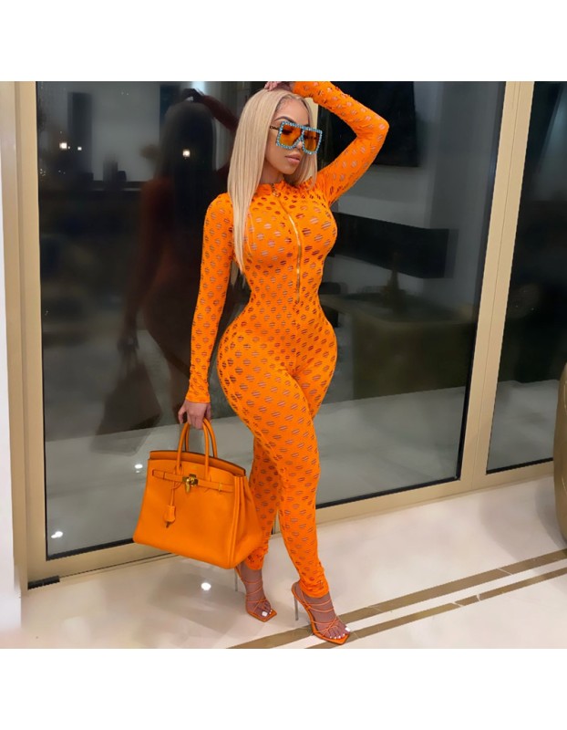 Women Sexy Solid See-through Hollow Out Skinny Jumpsuit Culbwear CM811