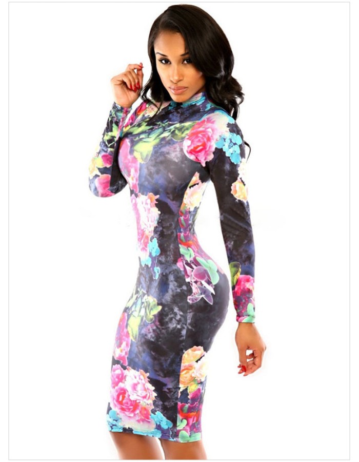 High Neck Printed Bodycon Midi Dress M30052