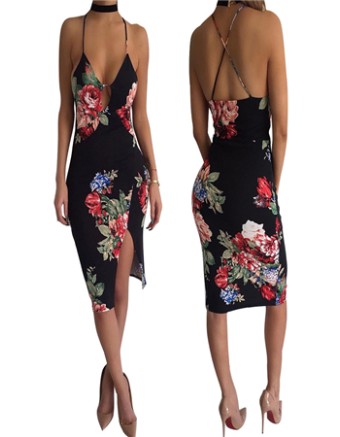 Sexy Lady Summer Deep V Neck Halter Floral Print Strap Dress