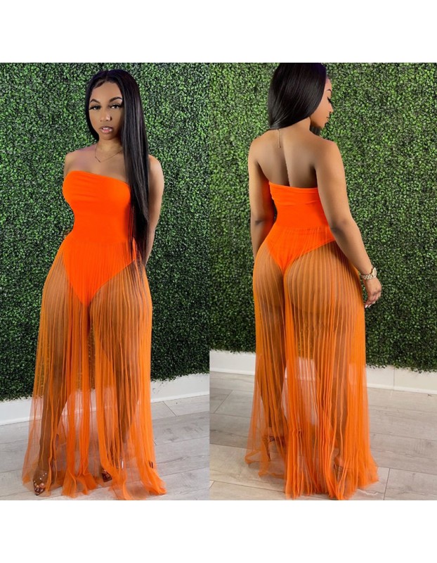 see-through with wrapped chest multicolor strapless summer net dress M30167
