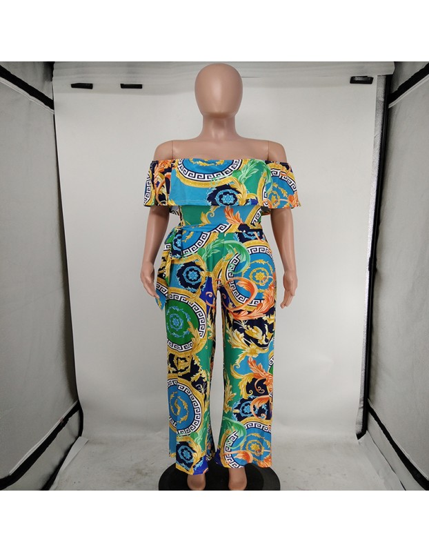 Summer Women Boho Casual Loose Ruffle Off Shoulder Jumpsuit M8605