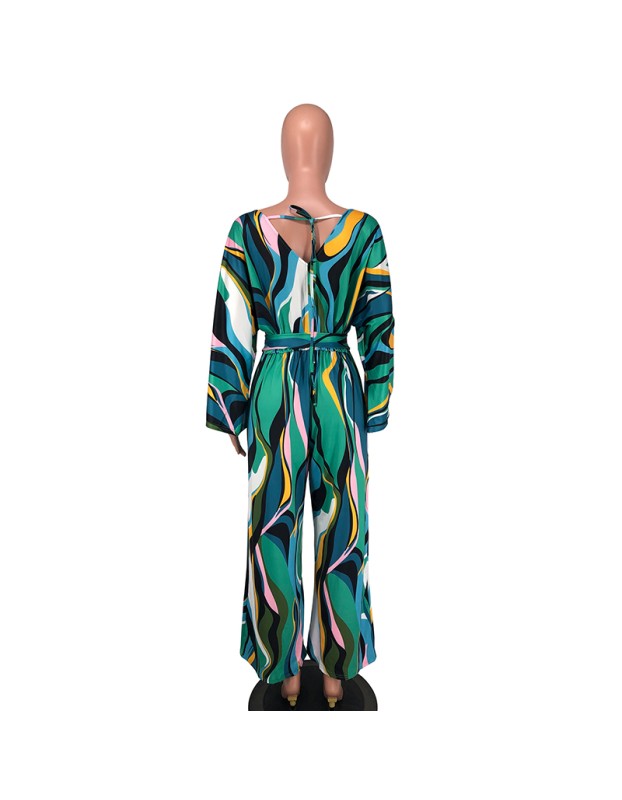 Fashion Sexy V-neck Long Sleeved Printed Wide Leg Jumpsuit For Women YM8631