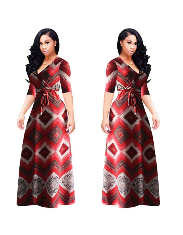 Vintage boho style geometric print half sleeve dresses M8409