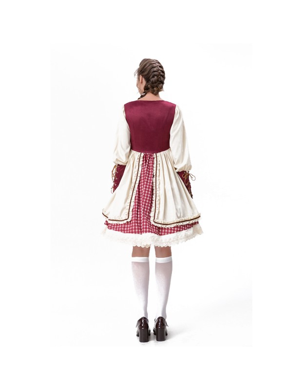 Halloween Maid  Adult Red Plaid Dress Cosplay Red Cape Play Costume YM8735
