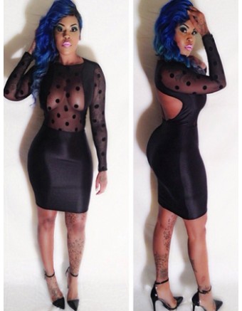Dot Flock Mesh Panel Bandage Bodycon Dress M3856