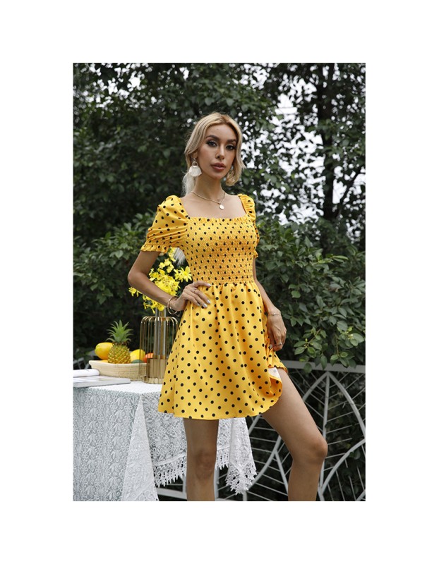 Square Neck Short Sleeve Retro Wave Point Satin Wedding Ladies DressJY15093