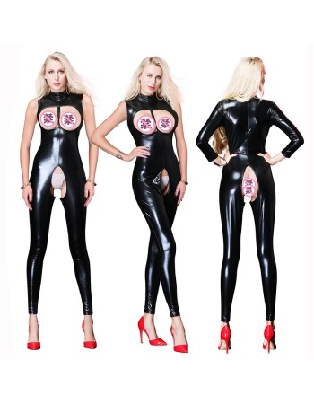 Women Hollowed Out Patent Leather Jumpsuit Club Suit Biker Bodysuit 6757