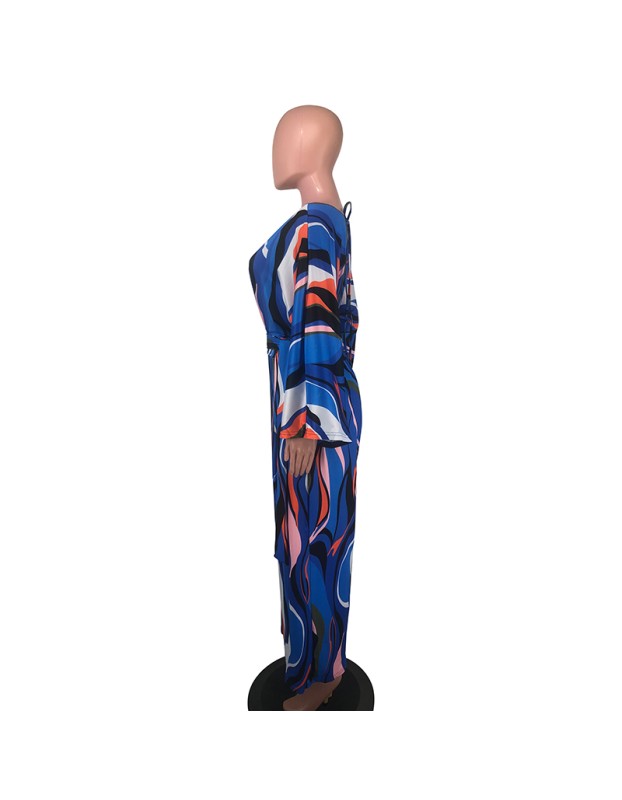 Fashion Sexy V-neck Long Sleeved Printed Wide Leg Jumpsuit For Women YM8631