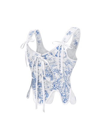 Vintage Corset Shapewear Print Corset Lace Folding Tie Sexy Women Bustier Tops AM22098