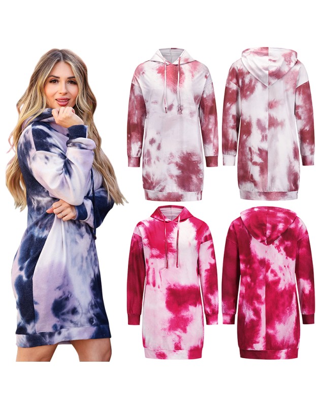 Mid-Length Pullover O-Neck Casual Tie Dye Printed Sweater Hoodie Dress LQ155