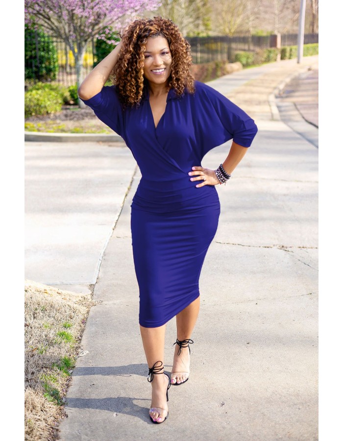Elegant V Neck Batwing Sleeve Knee Length Bodycon Dress m8385