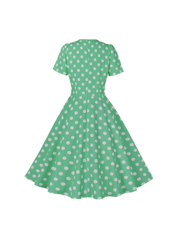 Hepburn Style Round Neck Bow Lace Up Polka Dot Retro Swing Dress Woman 5157