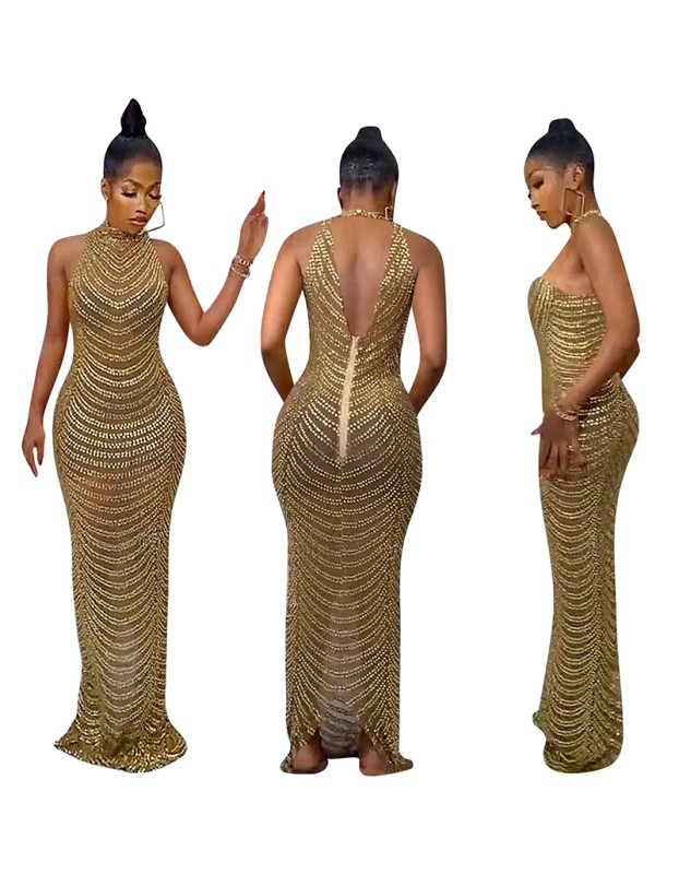 See Through Women Sexy Backless Hot Diamond Elegant Party Dress X5259