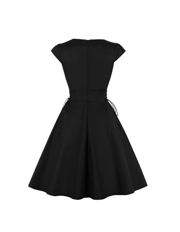 2023 Hepburn Style Embroidery Halloween Big Swing Crew-neck Vintage Dress 1986