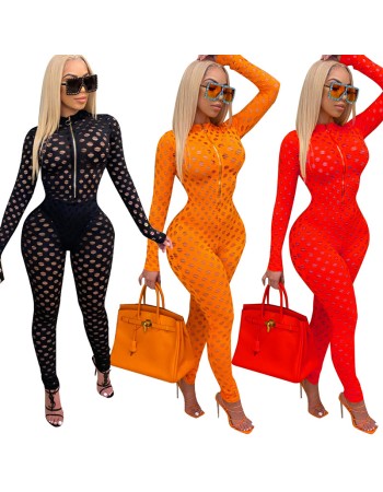 Women Sexy Solid See-through Hollow Out Skinny Jumpsuit Culbwear CM811