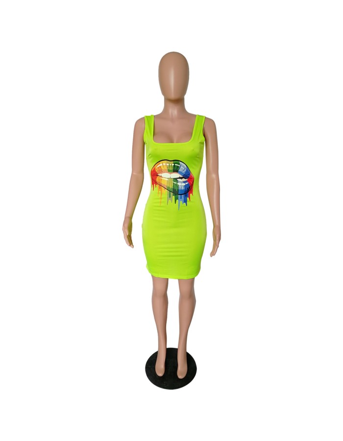Lips Printed T-Shirt Basic Vest Dress m8441