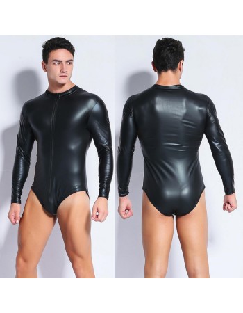 Erotic Underwear Panties Men Sexy Black Patent Leather Zipper Jumpsuit XX6668