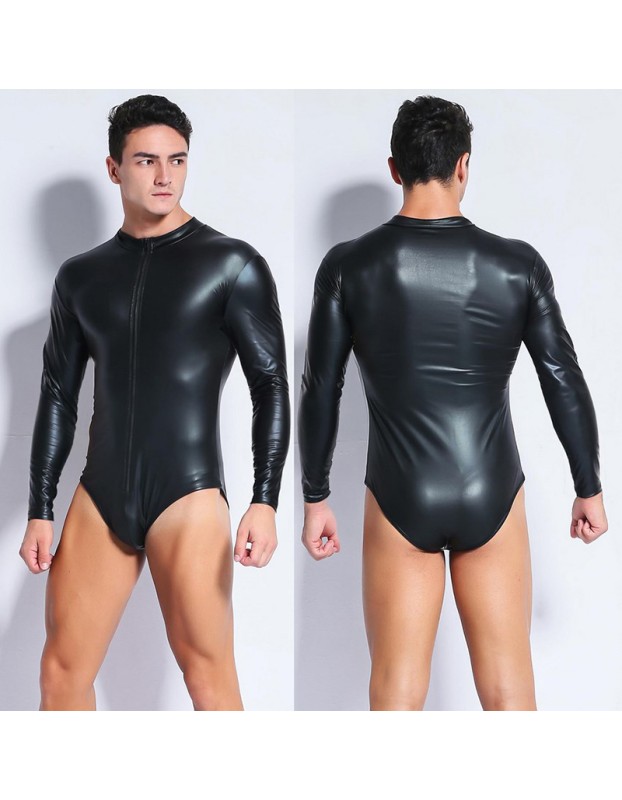 Erotic Underwear Panties Men Sexy Black Patent Leather Zipper Jumpsuit XX6668