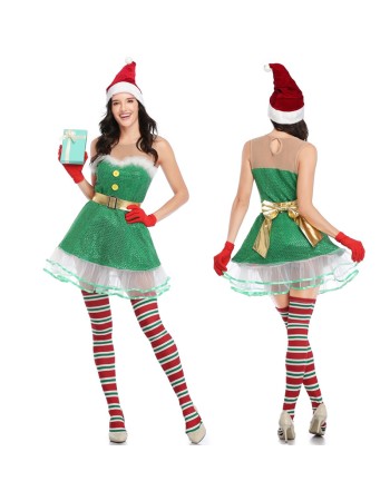 Sexy Off Shoulder Santa Claus Green Sequin Elf Xmas Costume M21945