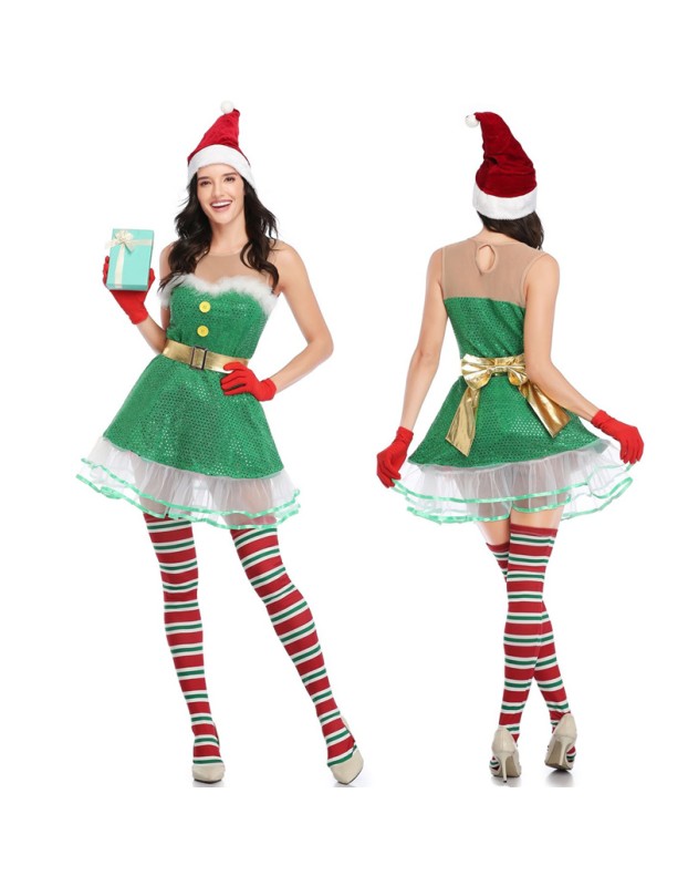 Sexy Off Shoulder Santa Claus Green Sequin Elf Xmas Costume M21945
