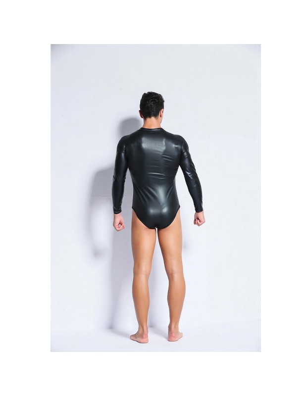 Erotic Underwear Panties Men Sexy Black Patent Leather Zipper Jumpsuit XX6668