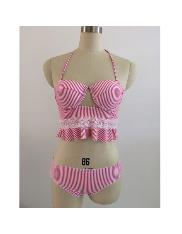 Sexy Pink Striped Lace Two Piece Swimwear Set m11856