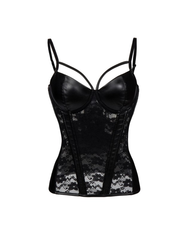 Women Black Leather Lace Patchwork Waist Trainer Corsets m1405