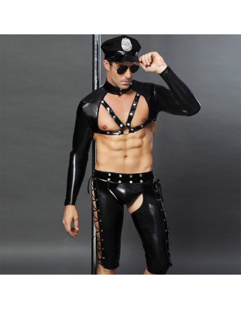 Men Sexy Wet Look PVC Leather Cosplay Police uniform N965
