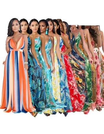 Fashion Ladies Summer Print Floral Boho V Neck Beach Casual Maxi Dresses Long M8212