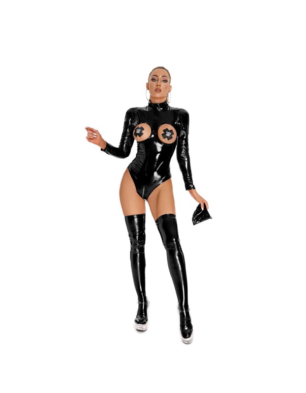 Bright Leather Zipper Punk Sexy Underwear Open Crotch Women Bodysuit XX6851