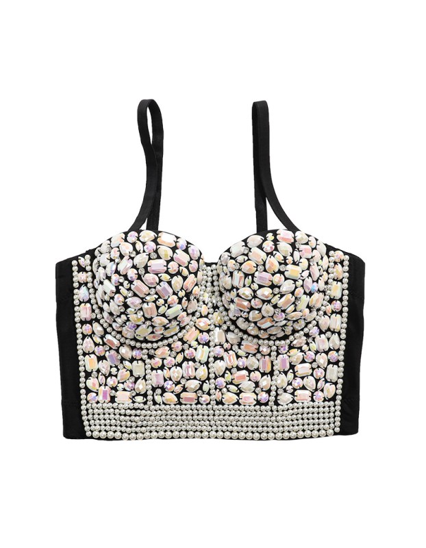 Nailed Beaded Suspenders Sexy Bright Drill Bra Support Body Shaping Top KN8813