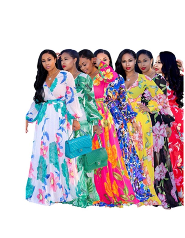 Women Maxi print dress long high quality Summer Beach Chiffon Party Dress M8214