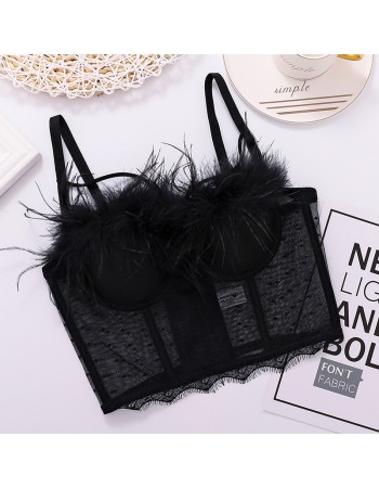 Fashion Lace Mesh Suspender Hollowed Out Vest Sexy Feather Wipe Chest KN8058