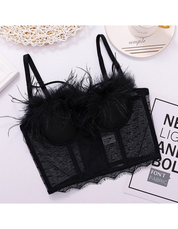 Fashion Lace Mesh Suspender Hollowed Out Vest Sexy Feather Wipe Chest KN8058