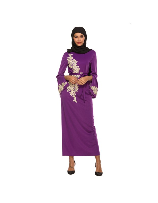 New Style Elegant Embroidered Beaded Trumpet Sleeve Lace Up Dress 1921