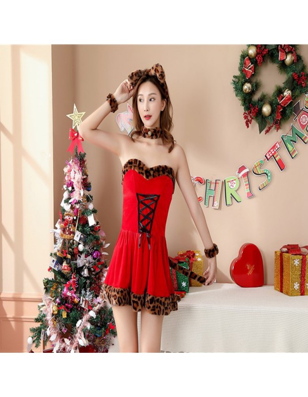 Women Leopard Print With Tail Day Sexy Christmas Party Christmas Red Dress DL2020