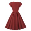 Vintage Women Bubble Short Sleeve Button Design Big Swing Mid Length Dress 5043