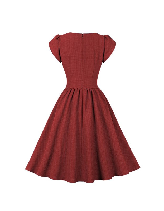 Vintage Women Bubble Short Sleeve Button Design Big Swing Mid Length Dress 5043